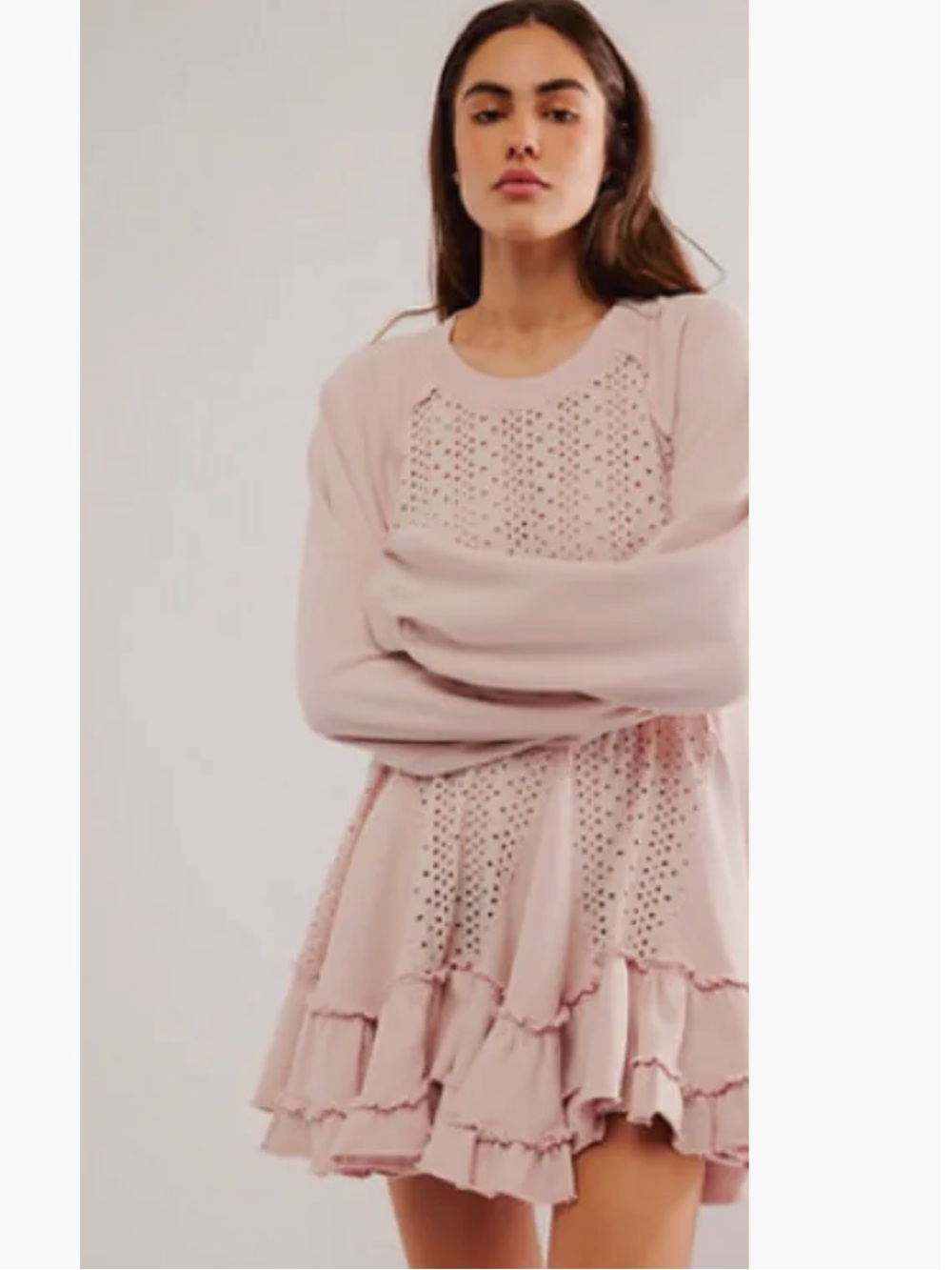 Free People Dusty Blush Eyelet Tiered Mini Dress Eva Sweater Size medium